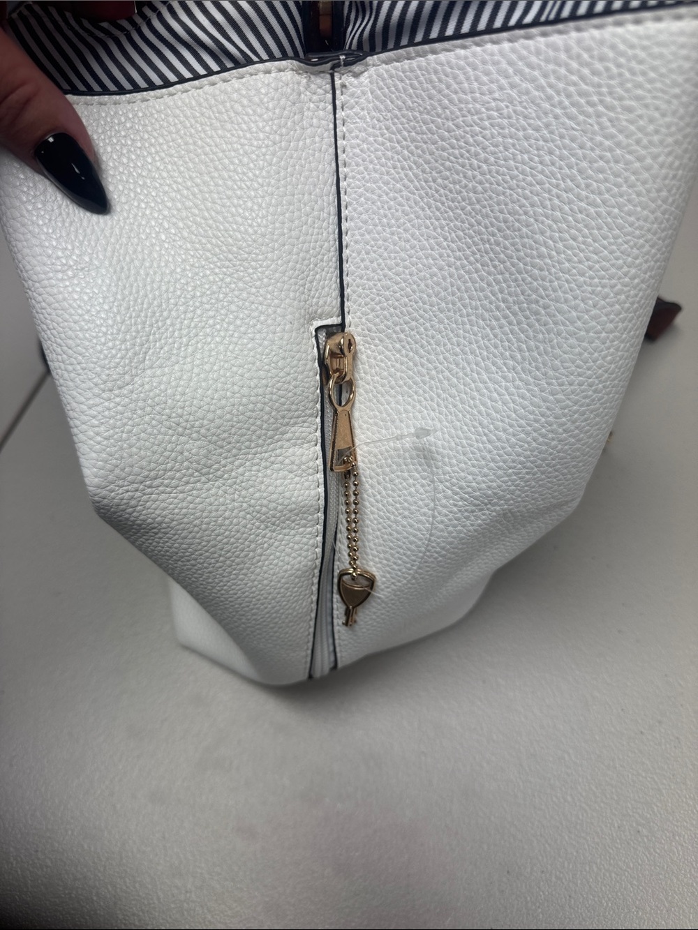 White and Brown Leather-Accent Tote Bag with Tassel - Picture 3 of 4